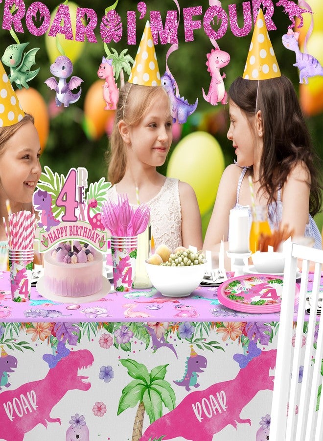 BEOXAGAR Pink Girl Dinosaur 4th Birthday Decorations for Dino-Four dinosaurs girl Birthday Party Tableware Set include Glitter Roar I'm Four Banner Plates Napkins Cups Tablecloth for 4th Girls Party Supplies - Image 4